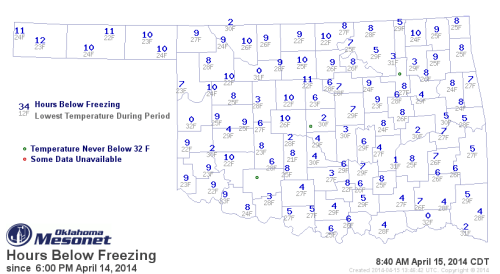Hours below freezing on April 15, 2014