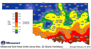 Probability of first hollow stem for early maturing wheat varieties as estimated on 02/19/15. Red areas indicate there is at least 50% likelihood that early-maturing wheat varieties have reached first hollow stem in the shaded area.